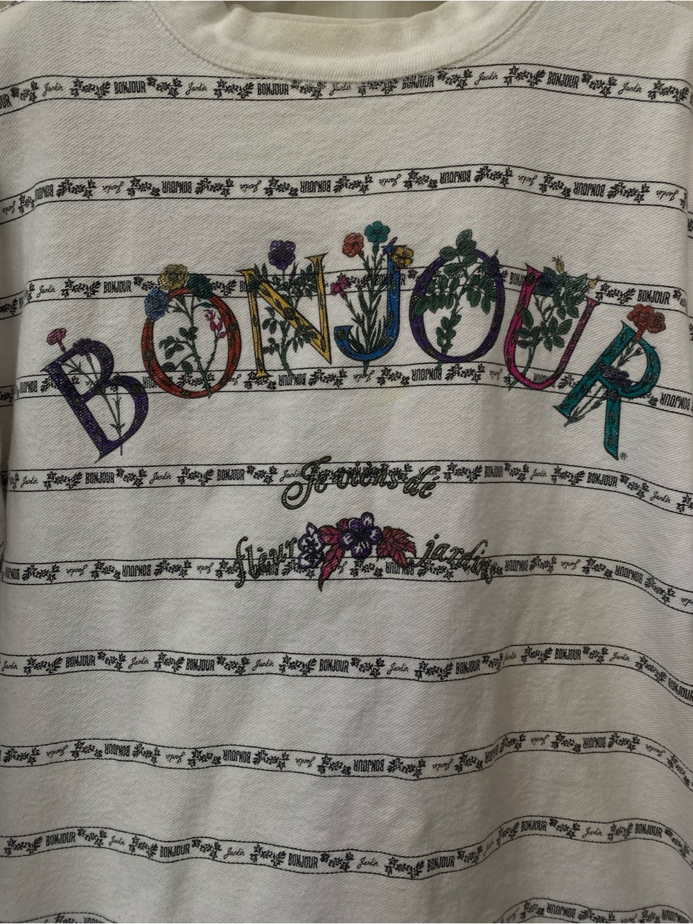 Vintage 90s Bonjour White Graphic Cotton Top Shirt Sweatshirt size M L - Picture 2 of 9